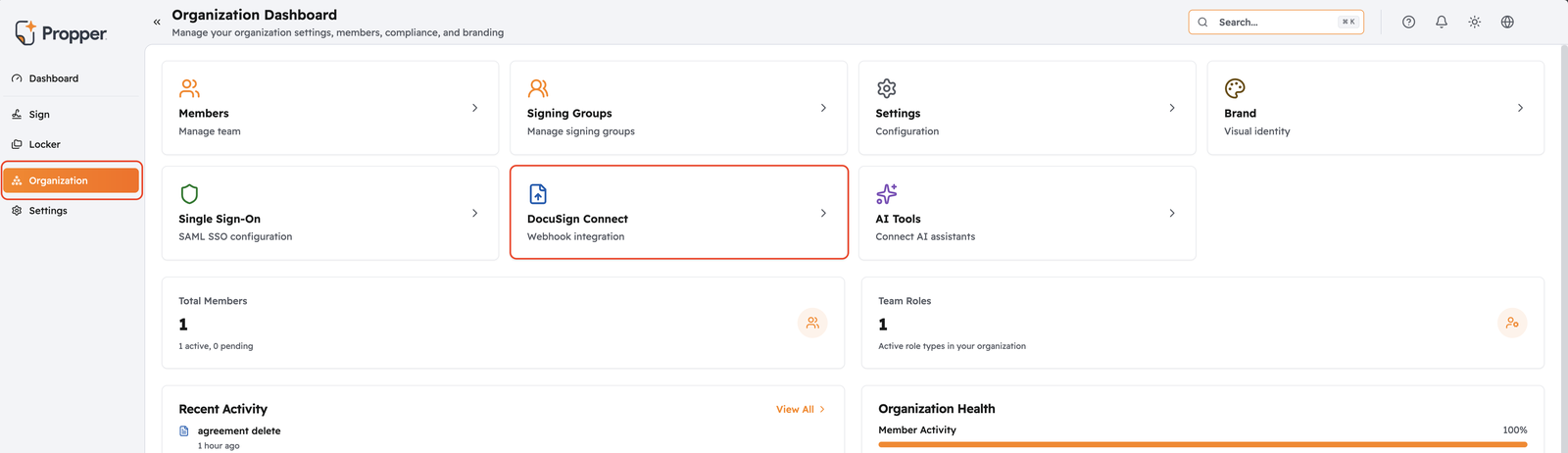 The Propper Organization Dashboard with the DocuSign Connect card highlighted