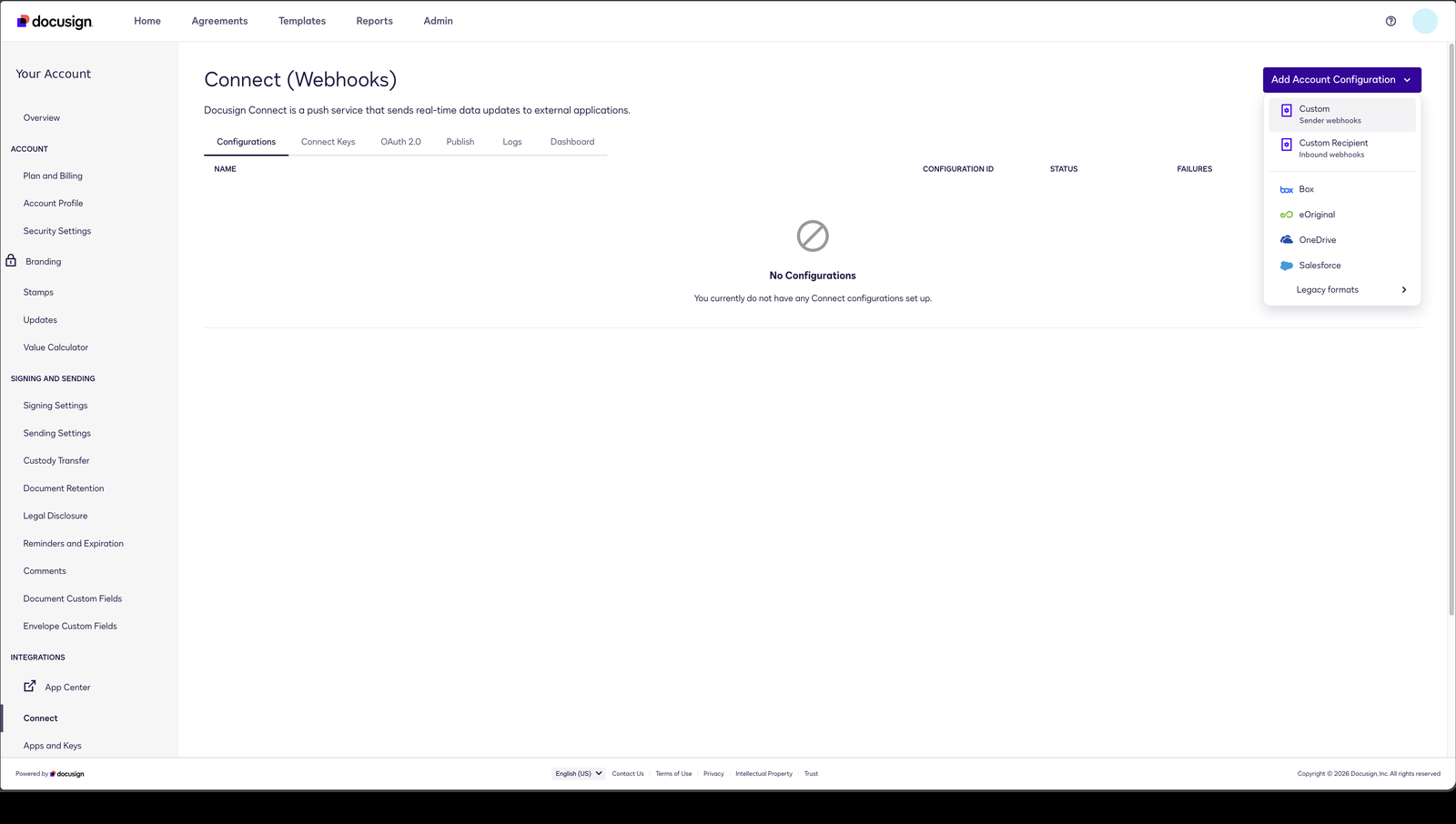 Docusign Admin → Connect → Add Account Configuration, with Custom and Custom Recipient in the menu