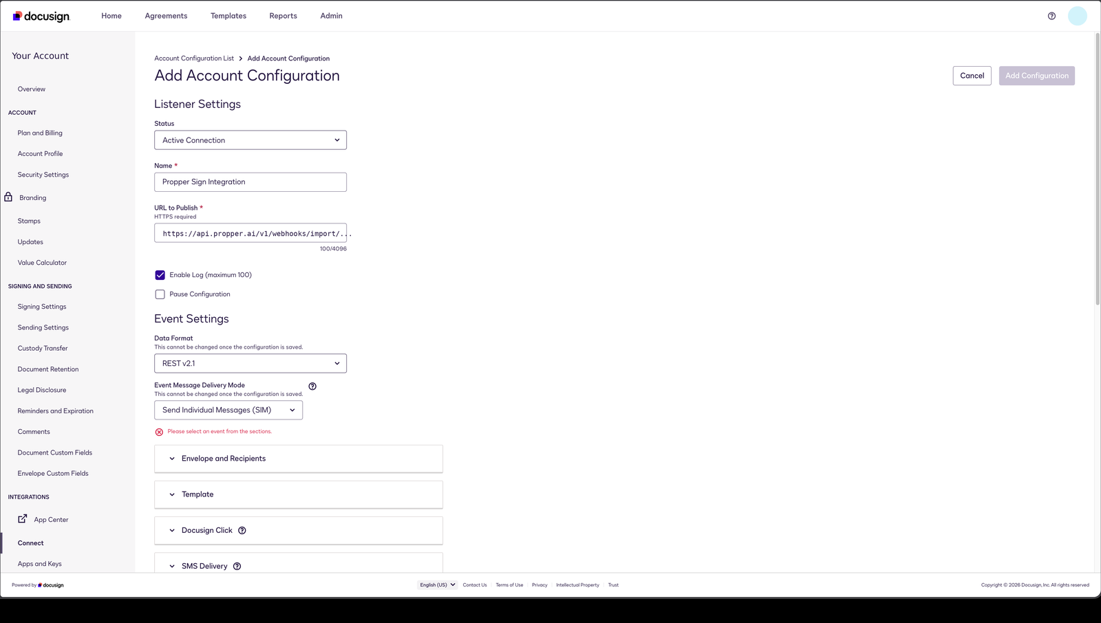 The Docusign configuration form — the webhook address goes in URL to Publish, and the two permanent fields sit below it