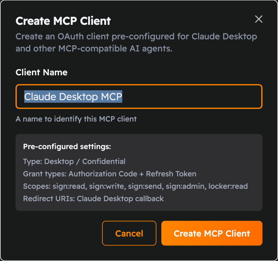 Propper's Create MCP Client dialog, pre-configured for Claude Desktop with the required scopes
