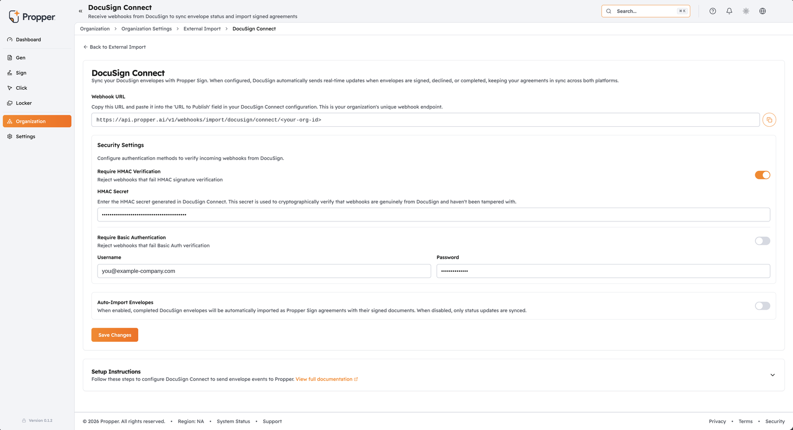The DocuSign Connect settings page in Propper, showing the webhook address, the HMAC and Basic Auth switches, and the Auto-Import Envelopes toggle