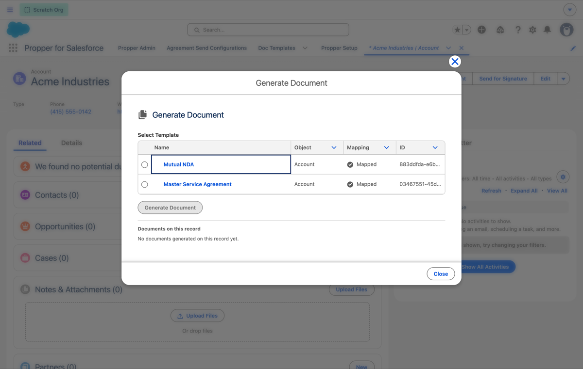 Generate Document card with the template picker