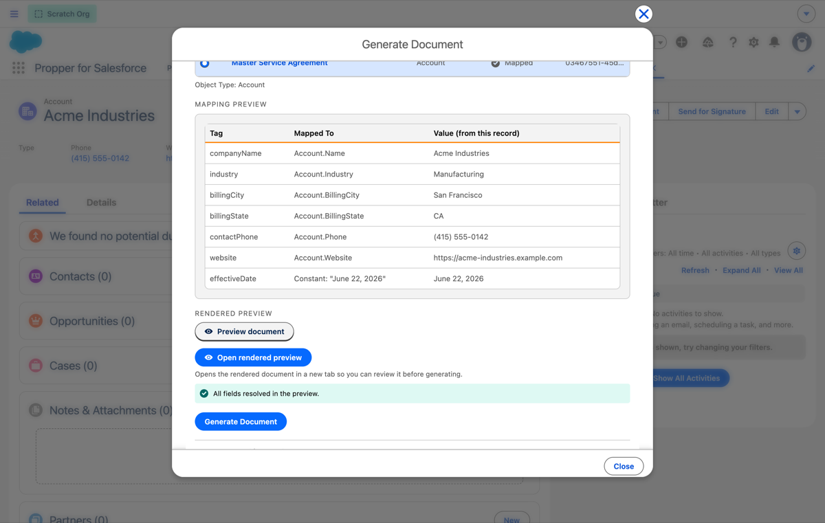 Previewing the rendered document with the record's data merged in