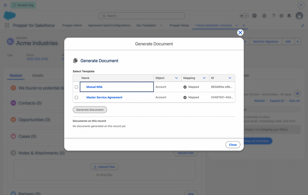 Generating a document and sending it for signature from a Salesforce record