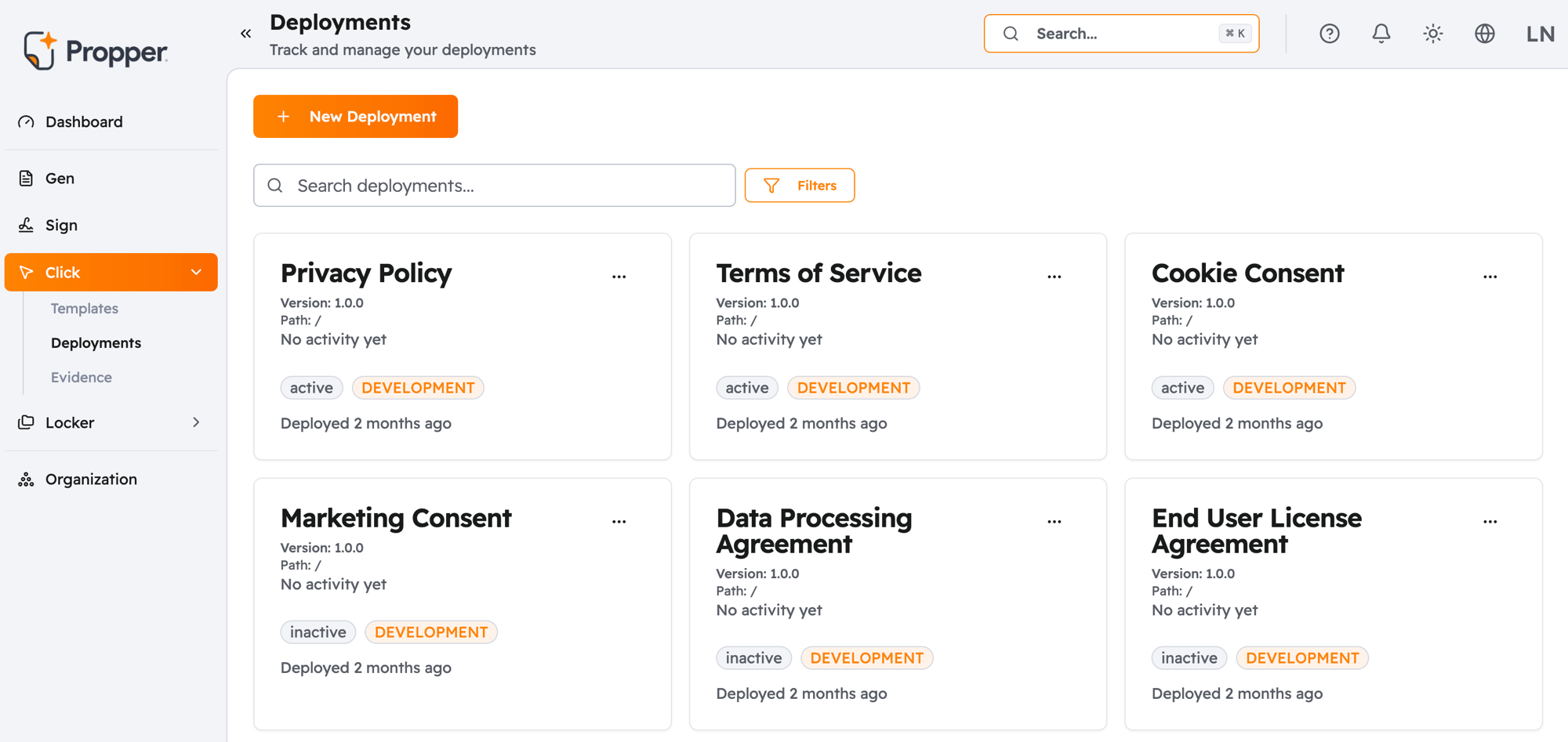 Deployments list showing six deployment cards — Privacy Policy, Terms of Service, and Cookie Consent with active status badges, and Marketing Consent, Data Processing Agreement, and End User License Agreement with inactive status badges, all in the Development environment