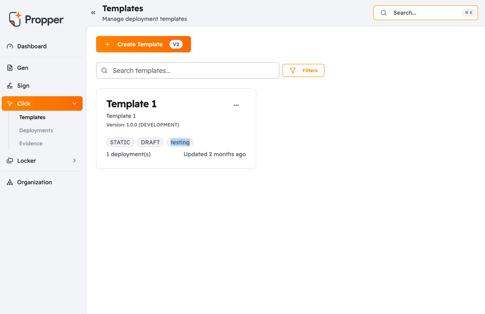 Click Templates list showing a template card with type badge (Static), status badge (Draft), deployment count, and last updated timestamp