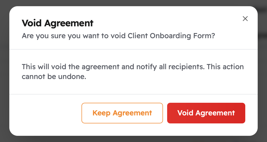 Void Agreement confirmation dialog warning that the action cannot be undone, with Keep Agreement and Void Agreement buttons