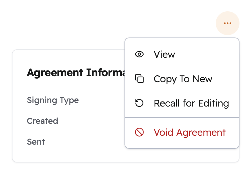 Agreement actions menu showing View, Copy To New, Recall for Editing, and Void Agreement options