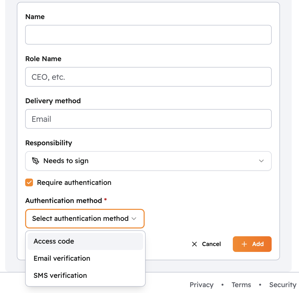 Recipient form with Require authentication checked, showing authentication method dropdown with Access code, Email verification, and SMS verification options
