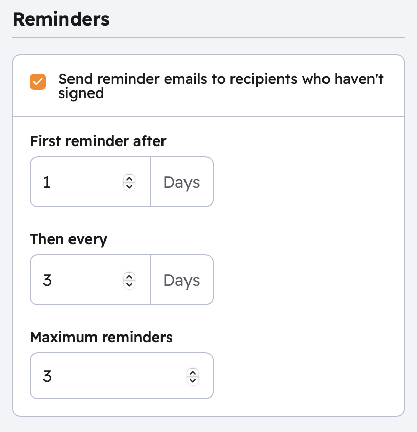 Reminders panel showing the toggle enabled with First reminder after 1 day, Then every 3 days, and Maximum reminders set to 3