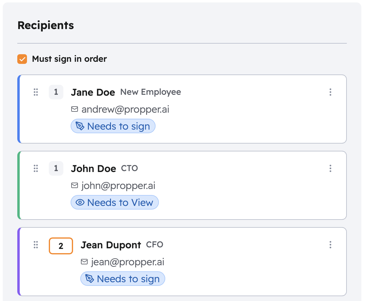 Recipients panel showing Must sign in order checked, with Jane Doe and John Doe at order 1 and Jean Dupont at order 2