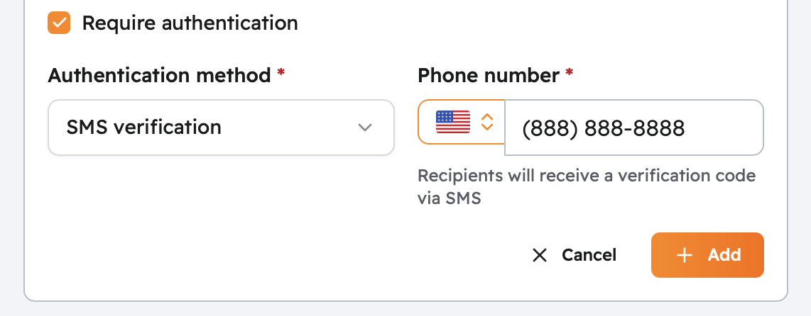 SMS verification selected with phone number field showing recipients will receive a verification code via SMS