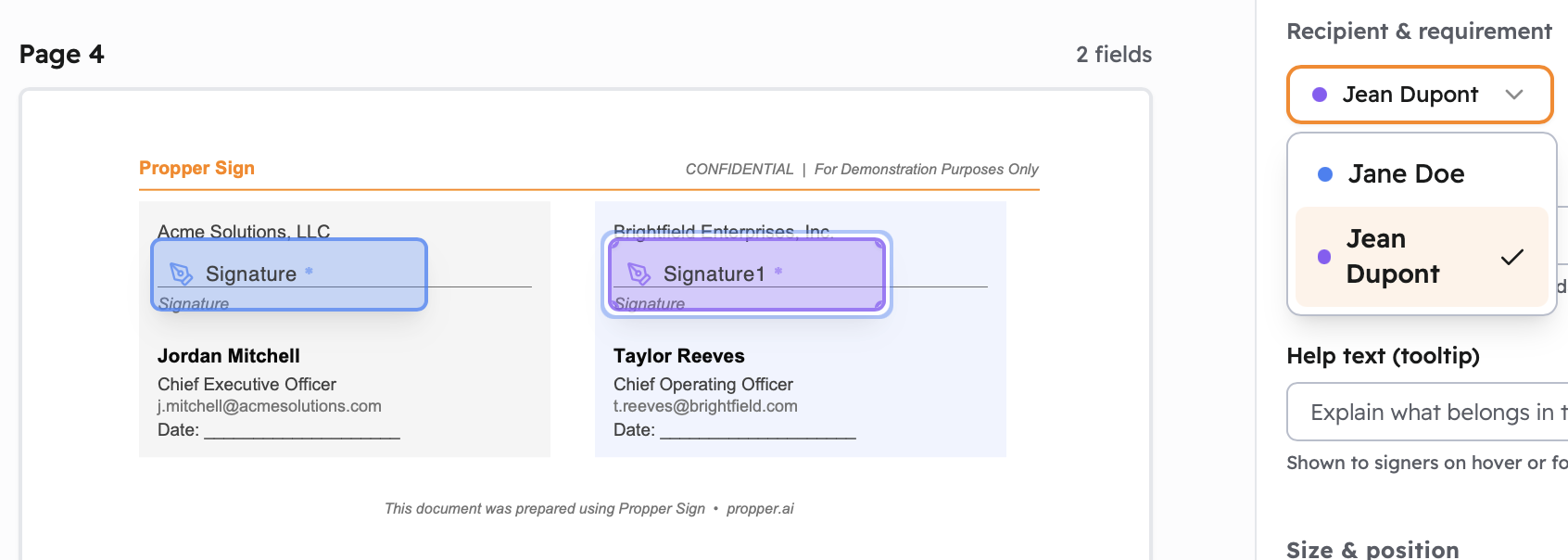 Template editor showing color-coded signature tags: blue for Jane Doe, purple for Jean Dupont, with matching colors in the recipient panel