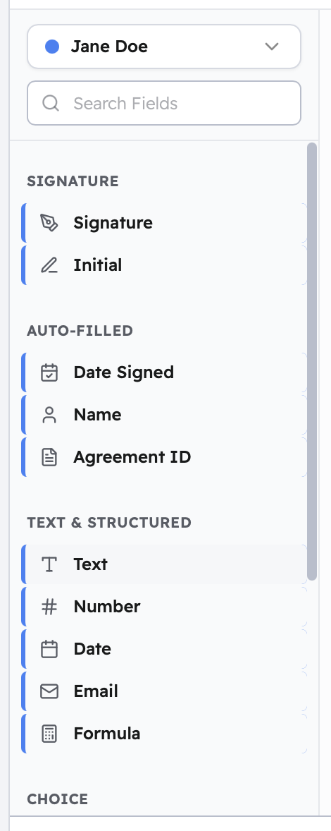 Tag panel showing available field types grouped by category: Signature, Auto-filled, Text and Structured, and Choice