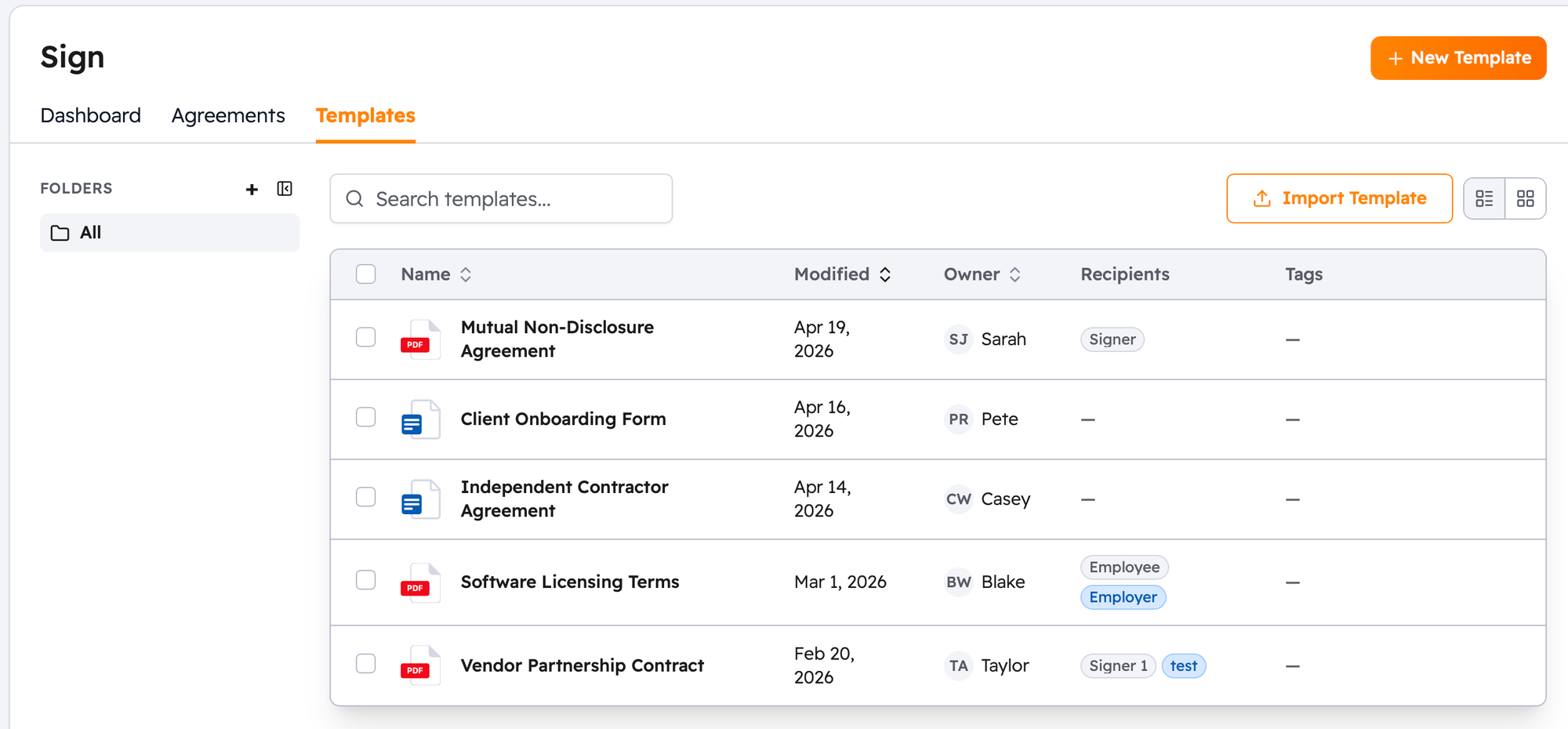 The Templates library showing existing templates and the New Template button